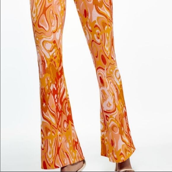 Zara GROOVY Tye dyed orange jacquard flare legging type stretch pants - Picture 2 of 6